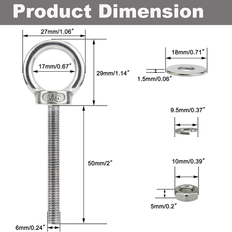 QWETRY M6 Stainless Steel Eye Bolts with Nuts Washer 4 Pack, M6 x 50mm(1/4" x 2 inch) Long Shoulder Lifting Eye Bolt for Swing Truck, Heavy Duty Threaded Eyebolts for Tie Down Outdoor Deck - Image 2